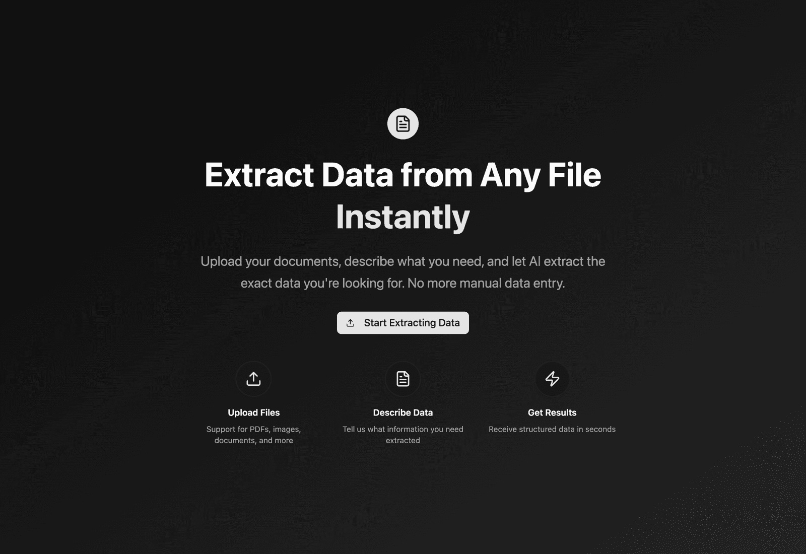 AI Extractor landing page — extract structured data from any file