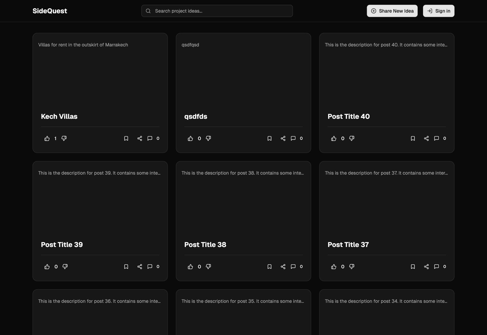 SideQuest project-idea feed with search, upvotes and bookmarks