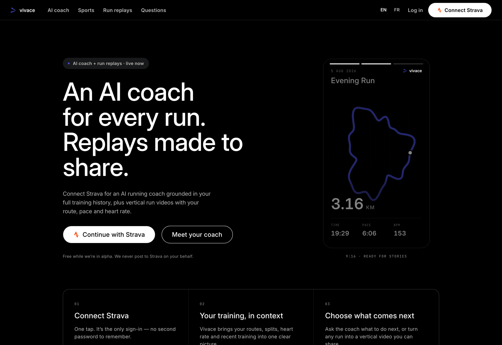 Vivace landing page — an AI coach for every run, replays made to share